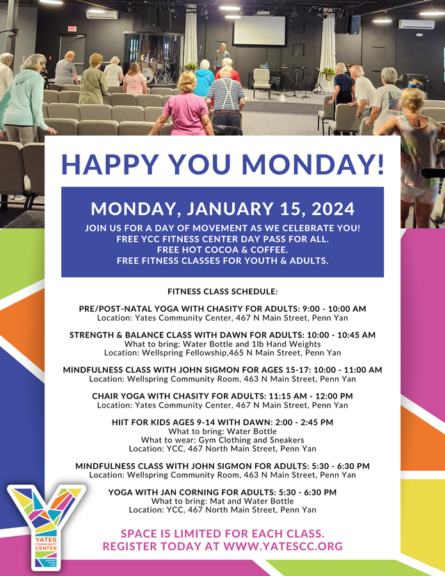 Happy YOU Monday Free Day of Fitness on January 15th YCC